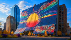 Illustration de la façade solaire du bâtiment SunRise en Alberta, Canada, générée par intelligence artificielle.