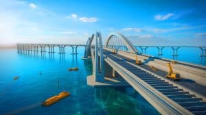 Illustration de la connexion envisagée entre l'Arabie saoudite et l'Égypte via un pont ou tunnel sur la mer Rouge, générée par intelligence artificielle.
