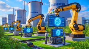 Illustration de la collaboration entre Westinghouse et Google Cloud pour automatiser la construction nucléaire grâce à l'intelligence artificielle.