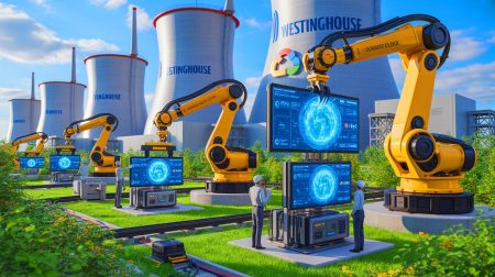 Illustration de la collaboration entre Westinghouse et Google Cloud pour automatiser la construction nucléaire grâce à l'intelligence artificielle.