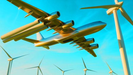Illustration de l'avion WindRunner transportant des pales d'éoliennes. Image réalisée par IA.