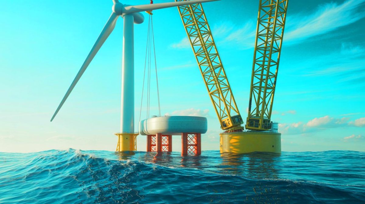 Illustration de l'installation d'une première fondation de turbine pour le parc éolien offshore Nordseecluster, générée par intelligence artificielle.