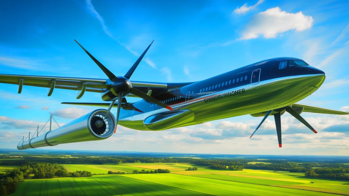 Illustration de l'avion géant WindRunner conçu pour le transport de pales d'éoliennes terrestres. Image réalisée par IA.