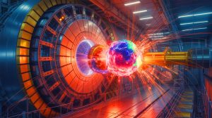 Illustration de l'union éphémère des quarks top et antiquarks générée par intelligence artificielle.