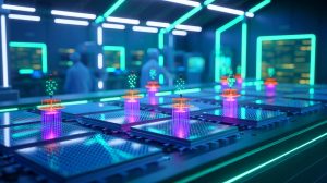 Illustration de physiciens allemands utilisant des pulsations lumineuses pour contrôler des semi-conducteurs ultrafins, générée par intelligence artificielle.