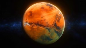 Illustration de la planète Mars vue de l'espace, mettant en évidence ses teintes variées, générée par intelligence artificielle.