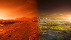 Illustration de la comparaison entre la Terre et Mars dans le contexte d'une colonisation spatiale, générée par intelligence artificielle.