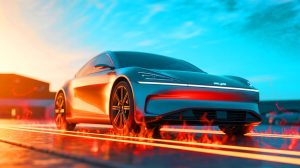 Illustration de voitures électriques affrontant la chaleur estivale, générée par intelligence artificielle.