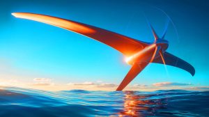 Illustration de cerfs-volants énergétiques de Makani générant de l'électricité, créée par intelligence artificielle.