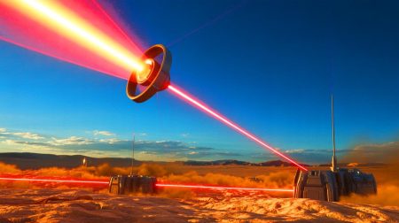 Illustration de la transmission d'énergie sans fil par laser sur une distance de 8,6 kilomètres, générée par intelligence artificielle.