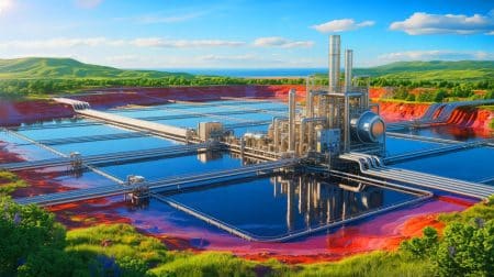 Illustration de l'extraction durable de lithium à partir de saumures géothermiques, générée par intelligence artificielle.