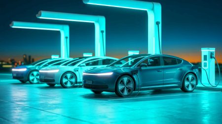 Illustration de véhicules électriques en cours de recharge pendant les heures super creuses, générée par intelligence artificielle.