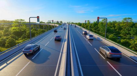 Illustration de routes intelligentes conçues pour fluidifier le trafic, générée par intelligence artificielle.