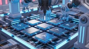 Illustration de la collaboration entre Tesla et Samsung pour la production de puces AI, générée par intelligence artificielle.