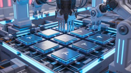Illustration de la collaboration entre Tesla et Samsung pour la production de puces AI, générée par intelligence artificielle.