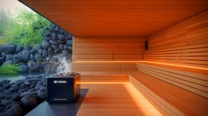 Illustration de la collaboration entre Toyota et Harvia pour le premier sauna à hydrogène, générée par intelligence artificielle.