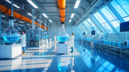 Illustration de la transformation du dioxyde de carbone en hydrocarbures liquides pour carburants d'aviation, générée par intelligence artificielle.