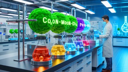 Illustration de la conversion du monoxyde de carbone en carburants écologiques, générée par intelligence artificielle.