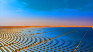 Illustration de l'inauguration du plus grand parc solaire au monde aux Émirats Arabes Unis, générée par intelligence artificielle.