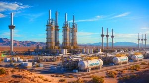 Illustration de la plus grande usine mondiale de production d'hydrogène liquide située dans le désert de North Las Vegas. Image réalisée par IA.