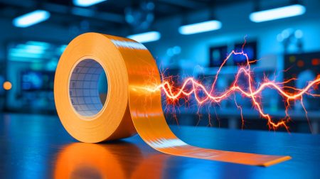 Illustration de l'utilisation innovante de ruban adhésif pour la production d'électricité, générée par intelligence artificielle.