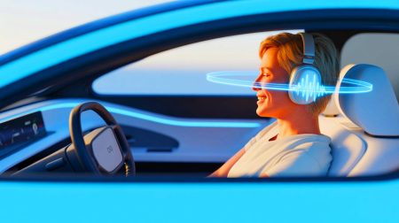 Illustration de l'atténuation du mal des transports dans les véhicules électriques grâce à une fréquence sonore de 100 hertz. Image réalisée par IA.