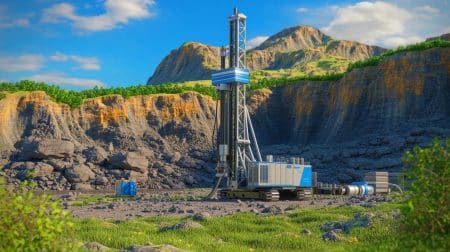 Illustration de l'extraction hypothétique d'hydrogène naturel dans une chaîne montagneuse, générée par intelligence artificielle.