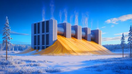 Illustration de la plus grande batterie de sable au monde inaugurée en Finlande, générée par intelligence artificielle.