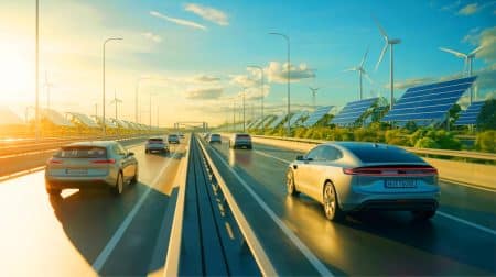 Illustration de l'impact environnemental comparé entre voitures électriques et hybrides, générée par intelligence artificielle.