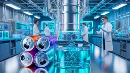 Illustration de la transformation de canettes recyclées et d'eau de mer en hydrogène propre, générée par intelligence artificielle.
