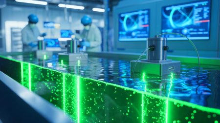 Illustration de la production d'hydrogène vert à partir d'eaux usées, générée par intelligence artificielle.