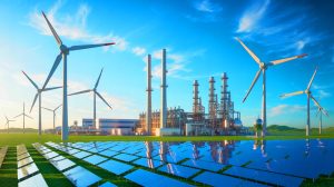 Illustration de la plus grande usine mondiale d'hydrogène vert et d'ammoniac, créée par intelligence artificielle.