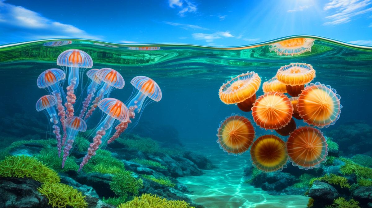 Illustration de la barrière biogéographique invisible séparant deux populations de méduses dans l'océan Atlantique.