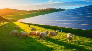 Illustration de l'intégration de l'agrivoltaïque avec des moutons pâturant sous des panneaux solaires en Australie.