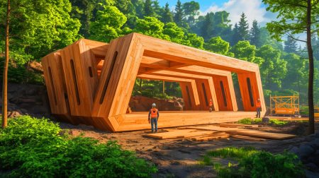Illustration de Superwood, un matériau révolutionnaire conçu pour surpasser le bois naturel en résistance et durabilité.