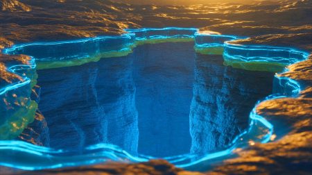 Illustration de la découverte d'un vaste réservoir d'eau caché à 400 kilomètres sous la surface terrestre.
