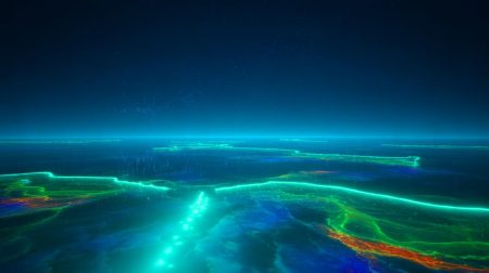 Illustration de la lueur turquoise des phytoplanctons bioluminescents visible depuis l'espace au large de l'Australie.
