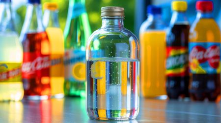Illustration de la contamination par les microplastiques des boissons en bouteilles de verre.
