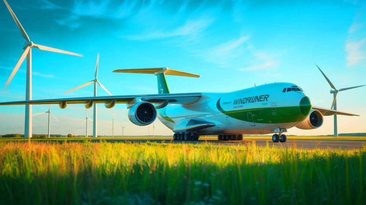 Un avion géant plus long que trois Airbus bouleverse le transport des éoliennes colossales et propulse l’industrie verte vers une domination totale Illustration de l'avion cargo WindRunner conçu pour transporter des éoliennes terrestres et faciliter la transition énergétique.