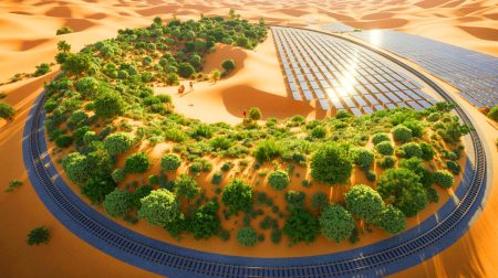 Illustration de la transformation du désert de Taklamakan par la Chine en un modèle de durabilité écologique et économique.