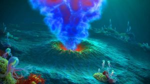 Illustration de la découverte d'un immense réservoir d'hydrogène sous l'océan Pacifique, nommé Kunlun.
