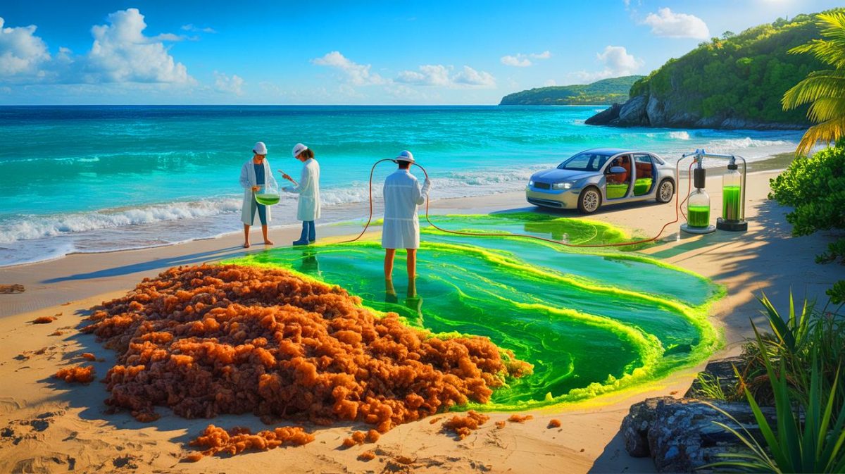 Des algues pour remplacer l’essence : la proposition radicale de biologistes déclenche un vif affrontement dans le monde scientifique Illustration de la transformation des algues invasives des Caraïbes en biogaz pour alimenter des véhicules.