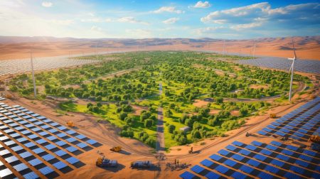 Illustration de la transformation du désert de Taklamakan en une oasis durable grâce à des innovations technologiques.