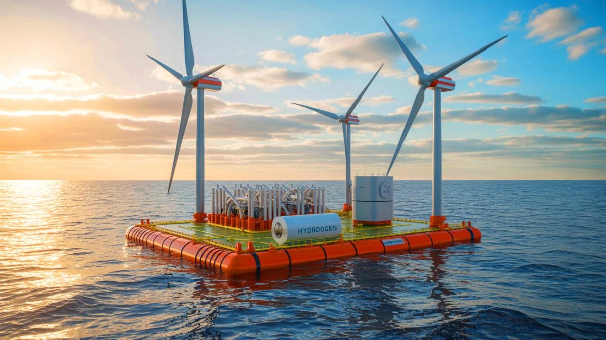 « Les vagues ont éclaté en vapeur dorée » : la plateforme H2Mare transforme vent et mer en hydrogène et carburants propres au large de l’Allemagne Illustration de la plateforme flottante H2Mare produisant de l'hydrogène propre en mer du Nord.