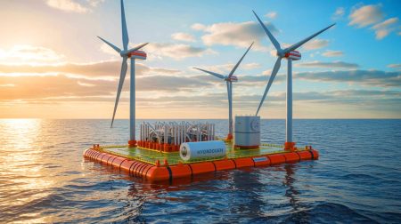 Illustration de la plateforme flottante H2Mare produisant de l'hydrogène propre en mer du Nord.