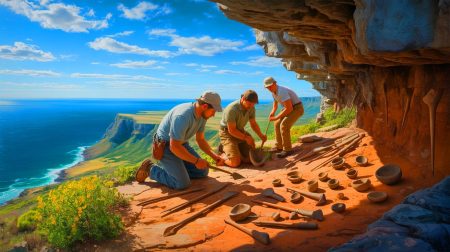 « C’est un choc préhistorique » : des outils de pierre vieux de 20 000 ans en Afrique du Sud pulvérisent l’histoire de l’humanité Illustration de la découverte d'outils en pierre vieux de 20 000 ans sur les falaises sud-africaines.