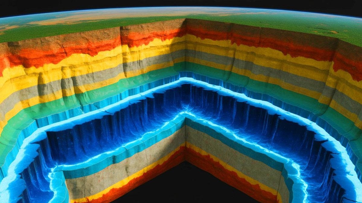 Illustration de la découverte d'un vaste réservoir d'eau caché à 400 kilomètres sous la surface terrestre.