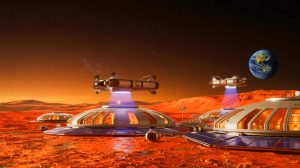 Illustration de la vision d'Elon Musk pour la colonisation de Mars face aux menaces cosmiques.