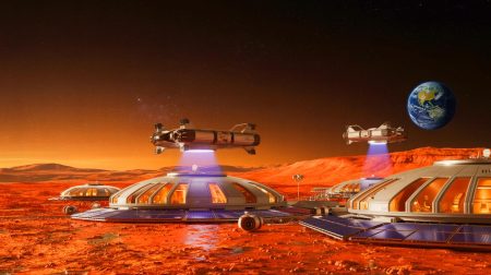 Illustration de la vision d'Elon Musk pour la colonisation de Mars face aux menaces cosmiques.