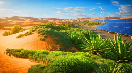 Illustration de la transformation du désert de Taklamakan en une oasis de durabilité par la Chine.